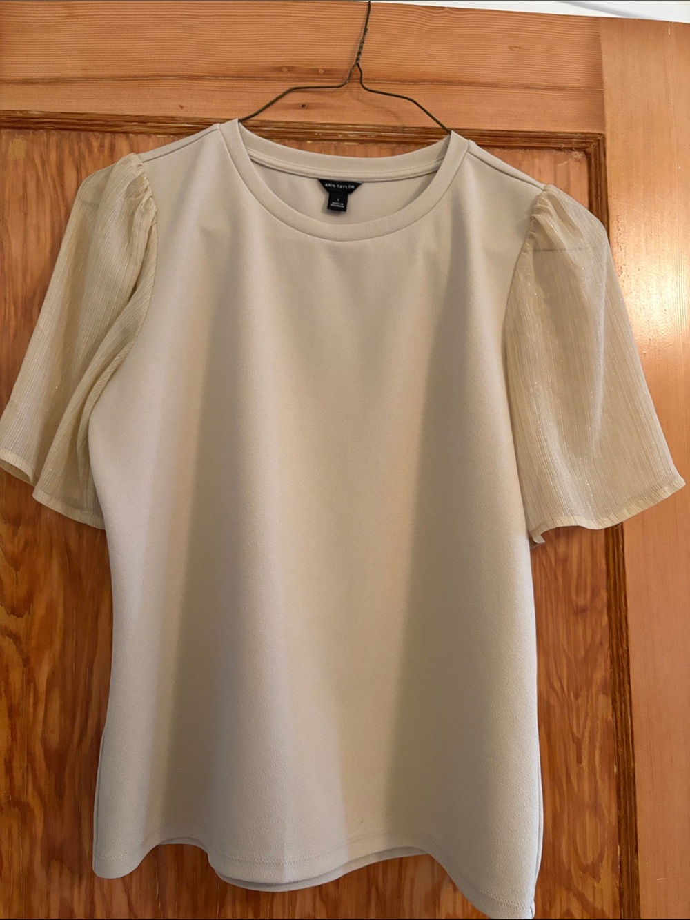 Ann Taylor Cream Puff-Sleeve Crewneck Blouse